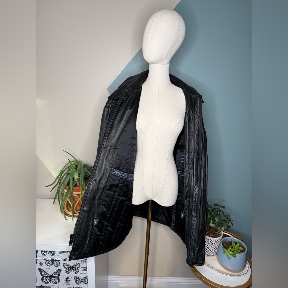 90s Minimalist Black Leather Field Jacket London Fog Utility Coat Lined S - Picture 3 of 15
